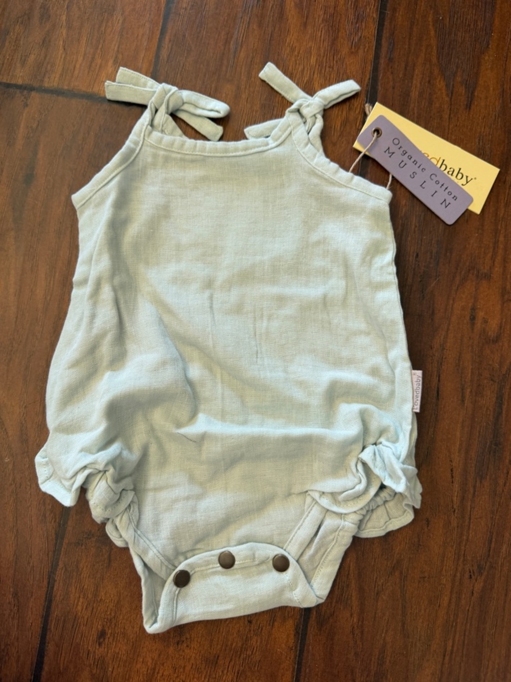 0-3m NWT L'ovedbaby Girls Organic Muslin Tie-Shoulder Bodysuit-Green Tea - Picture 4 of 5
